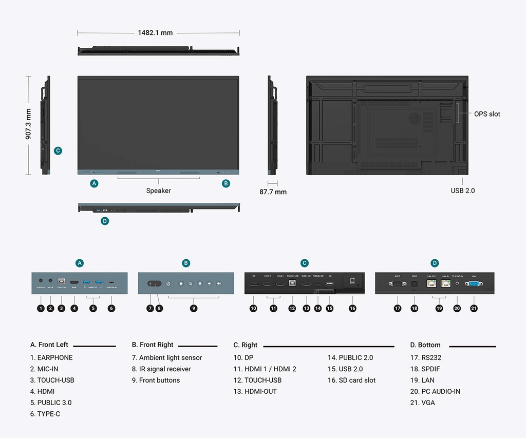 BENQ RE6504 Monitor smart board D-LED 65", 3840x2160, 450cd/mq